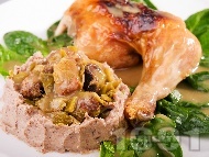 Рецепта Крехко печено пиле със сос от праз и гъби и пюре от кестени на фурна